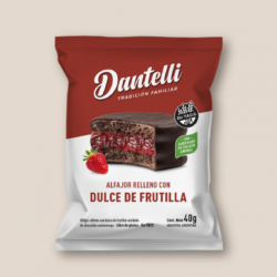 Alfajor relleno con dulce de frutilla con choco semiamargo, sin tacc - dantelli